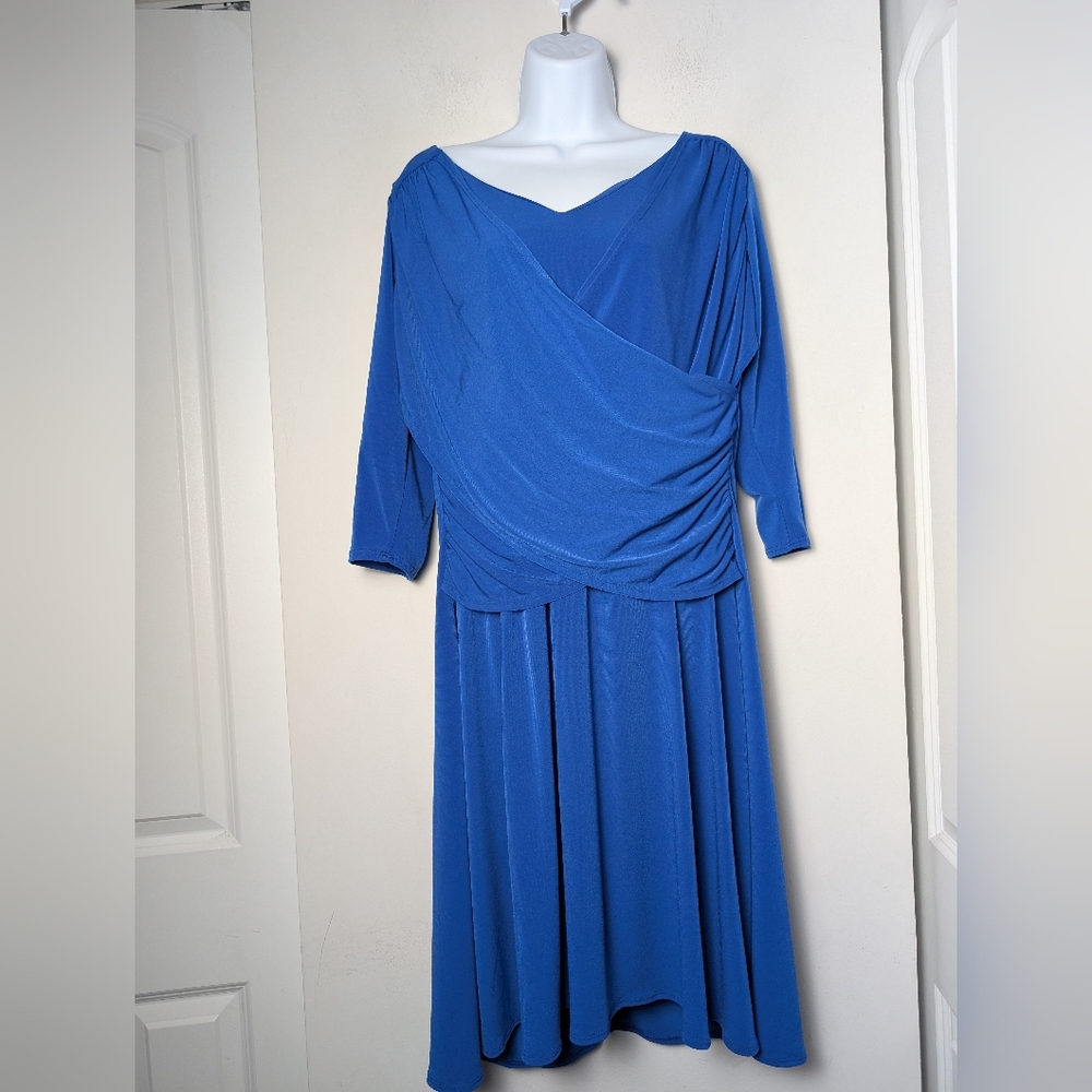 B Slim Wrap Dress Shape Wear Blue V Neck 3/4 Sleeve Sz 1x Church Office